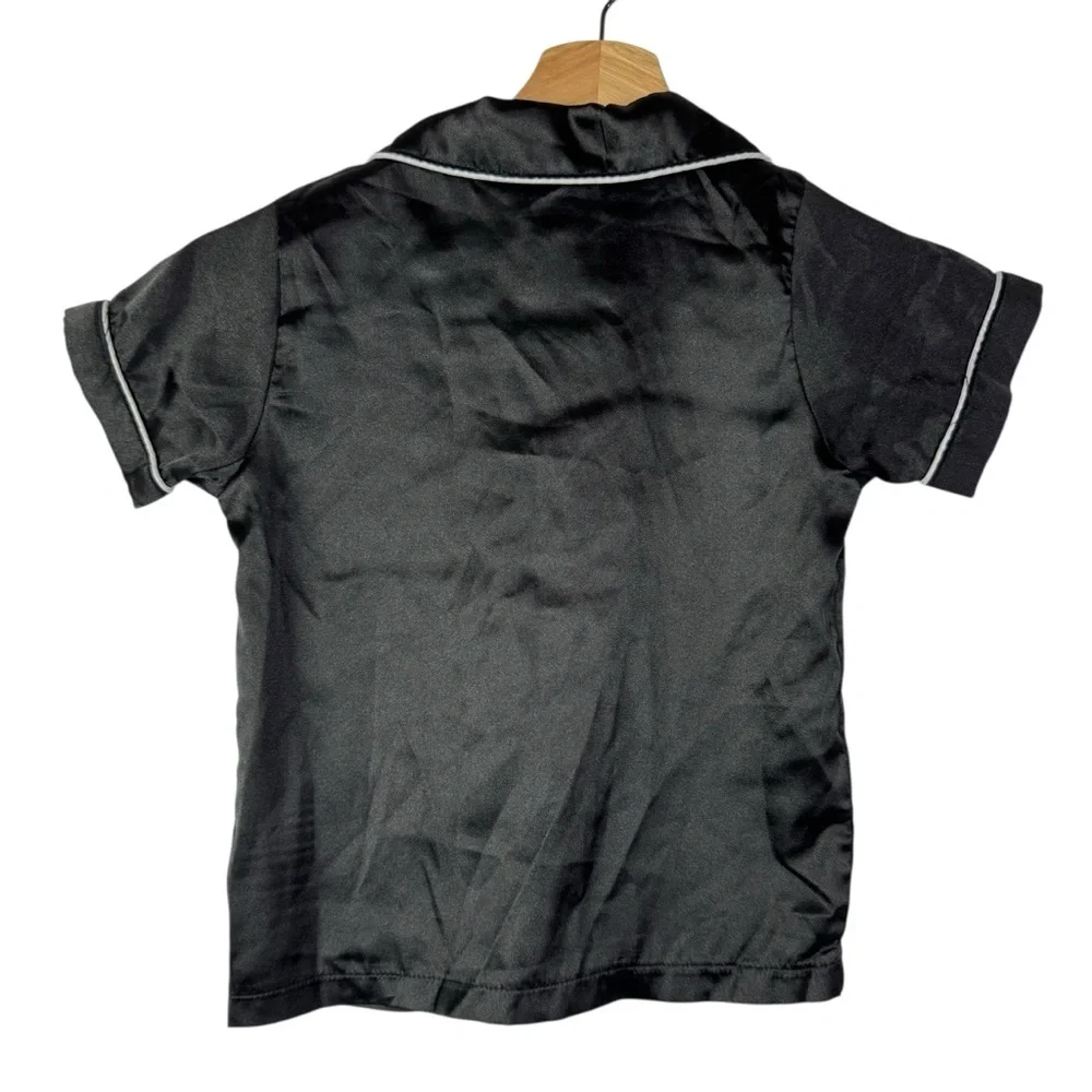 Boutique Black Satin Short Sleeve‎ Button Down Pajama Top 3T